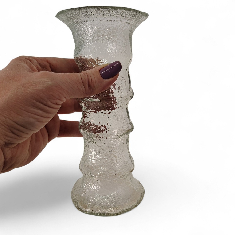 Textured Glass Vase Bud Vase Clear Glass‎ 7" Tall Ribbed Asymmetrical Wonky